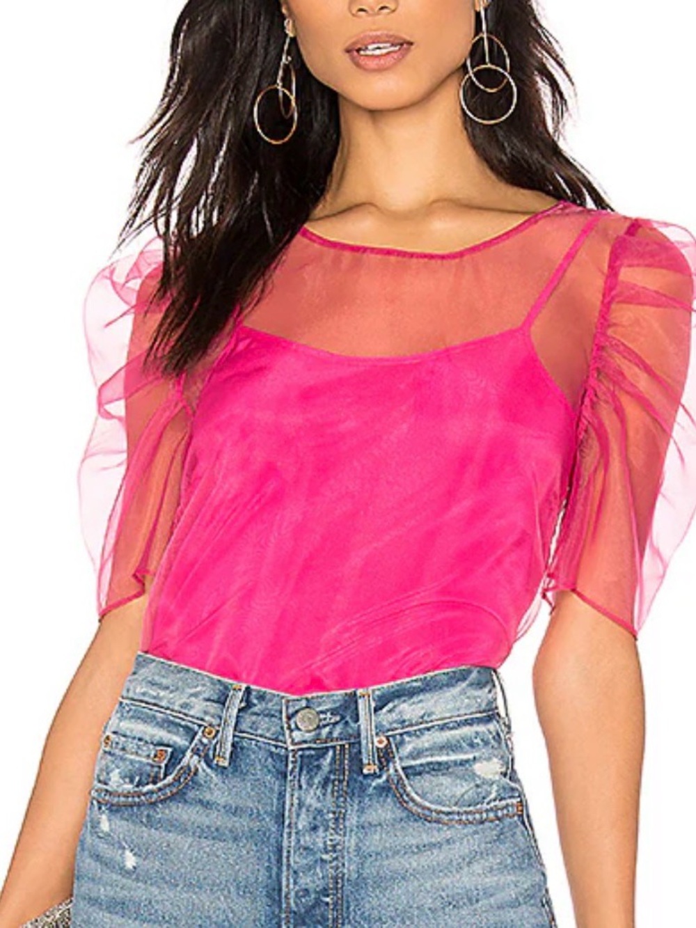Amanda Uprichard Hot Pink Sheer Puff Sleeve Blouse
